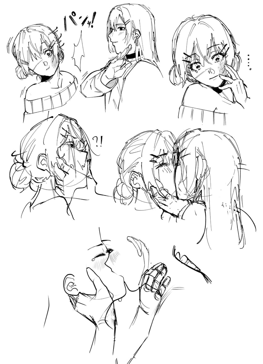 二次元插画 2名女孩 脸红 灰度 手放在他人脸颊上 手放在别人的脸上