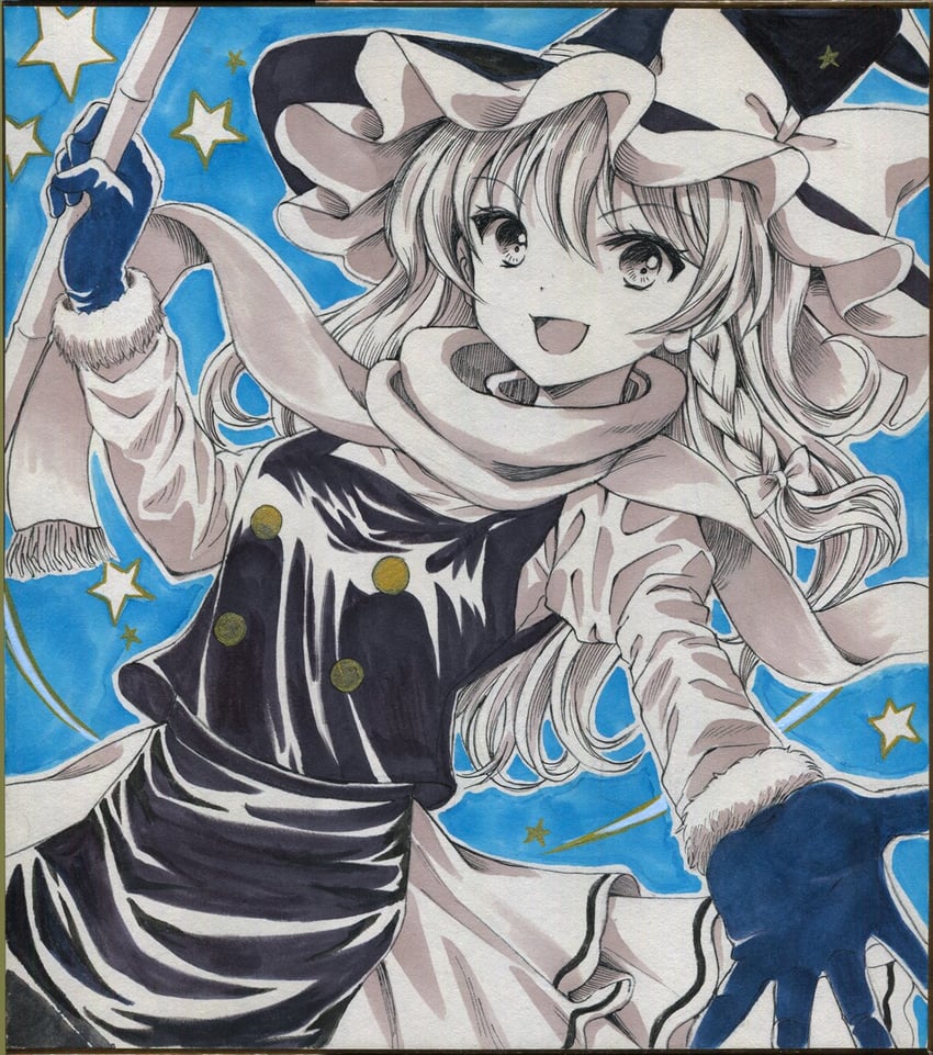 东方Project、雾雨魔理沙 1名女孩 :D 黑帽子 黑色裙子 蓝色背景