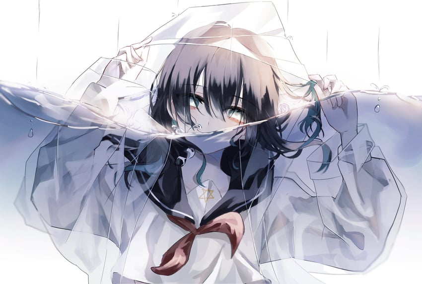 原创 1名女孩 整理兜帽 卧蚕 黑发 黑色水手领