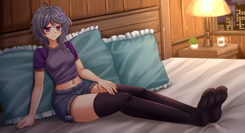 原创 1名女孩 床 黑色过膝袜 模糊 模糊背景