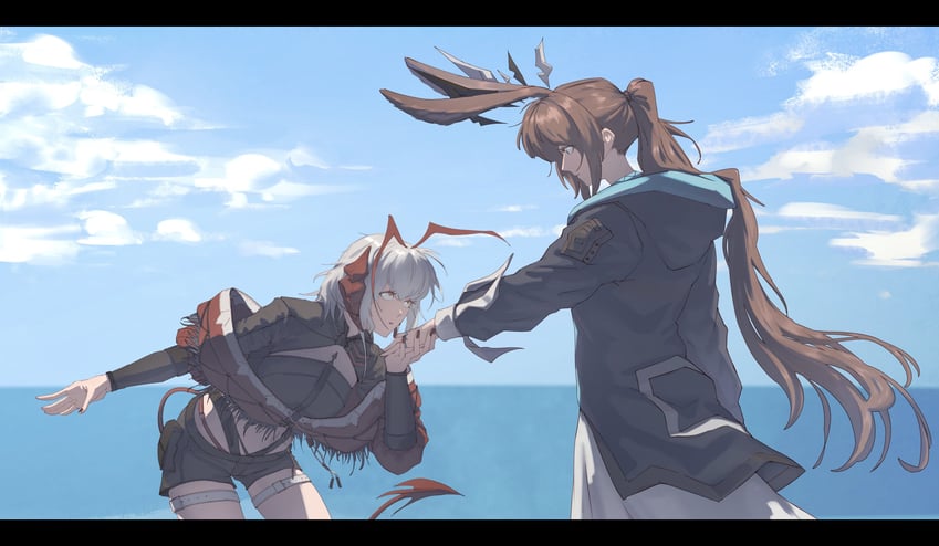 明日方舟、阿米娅 (明日方舟)、W (明日方舟) 兽耳 呆毛 黑色夹克 恶魔娘 恶魔角