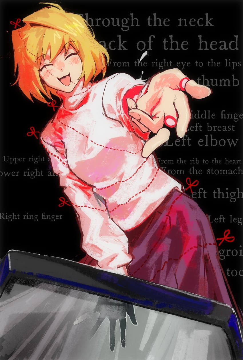 月姬、爱尔奎特·布伦史塔德 1名女孩 黑色背景 金发 血 衣服上的血迹