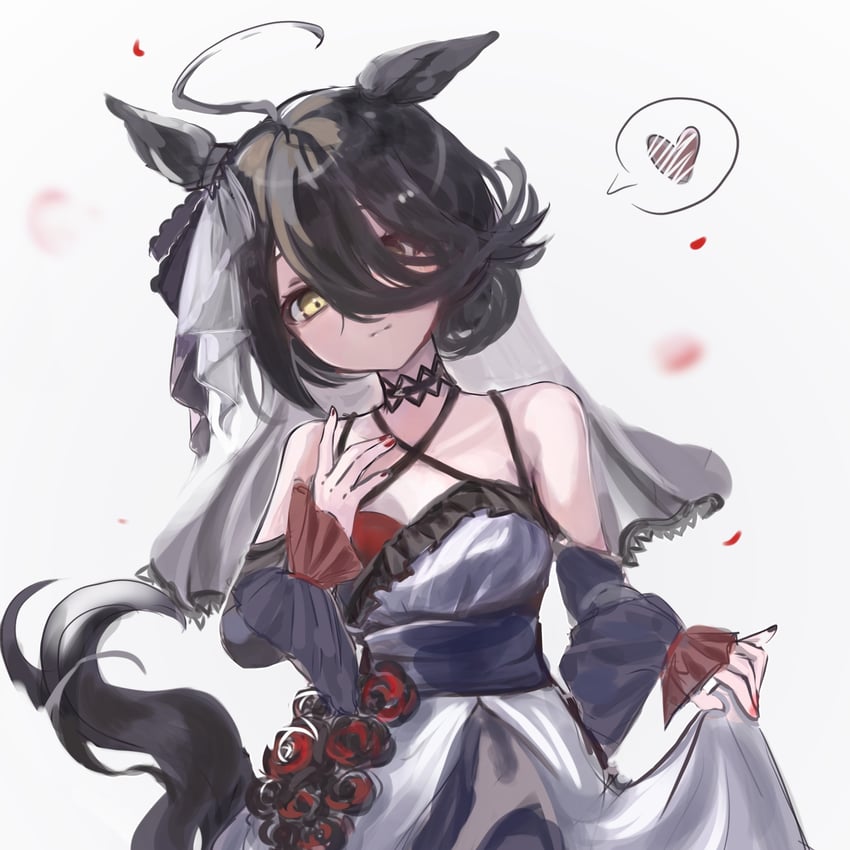 赛马娘、曼城茶座 (Mysterious Rose) (赛马娘)、曼城茶座 (赛马娘) 1名女孩 呆毛 兽耳 露肩 黑花