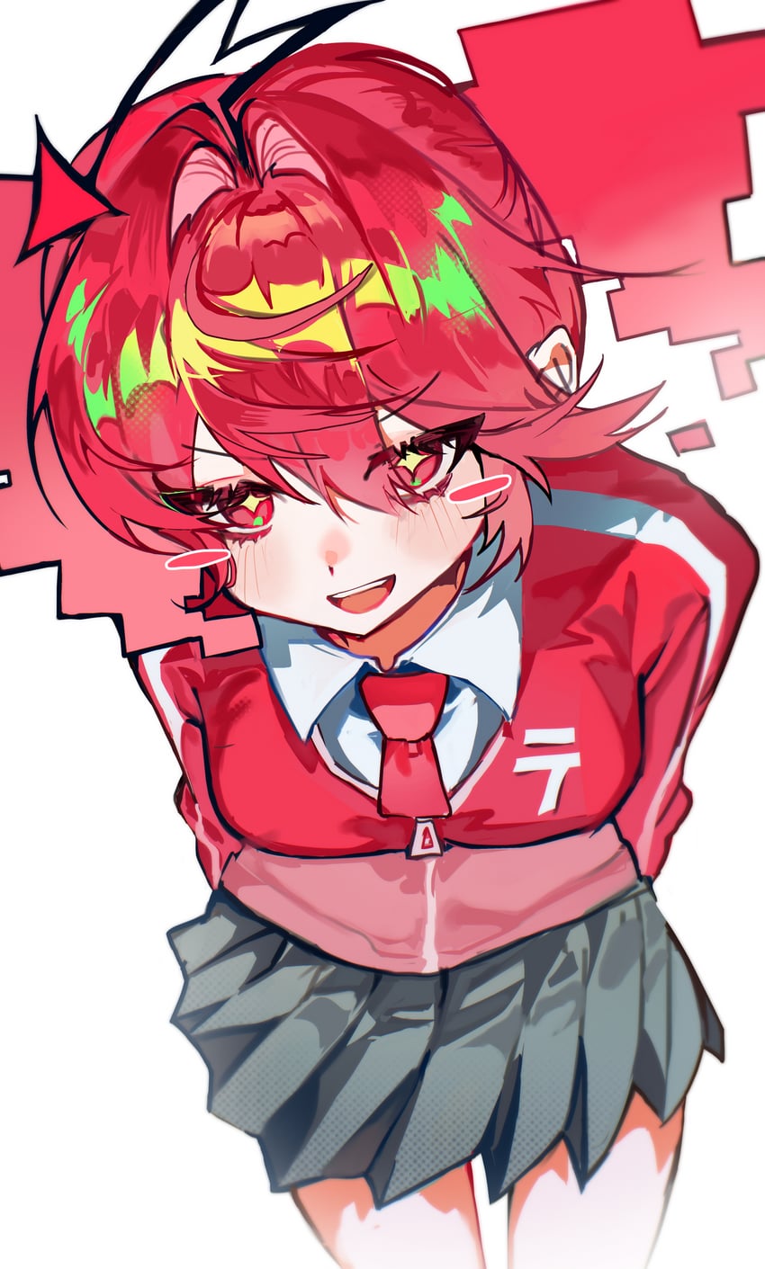 kankei garu (voicepeak)、UTAU、VOICEPEAK 1名女孩 触角 双手背在身后 arrow ahoge 脸红