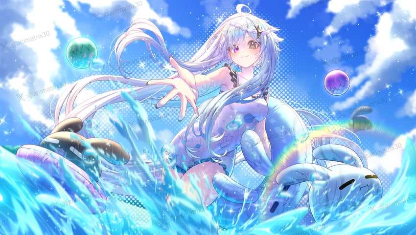 个人势虚拟主播、阿克瓦 1名女孩 呆毛 黑瞳 蓝发 蓝天