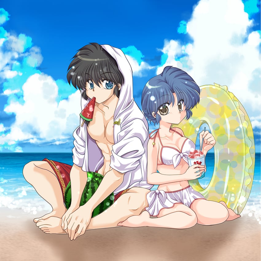 乱马1/2、早乙女乱马、早乙女乱马 (男) 1名男孩 1名女孩 赤脚 海滩 比基尼