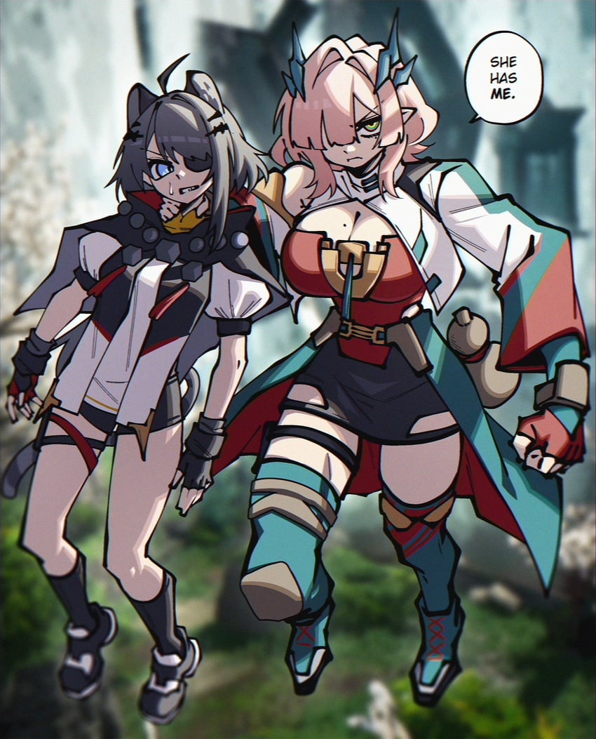 明日方舟、明日方舟：终末地、无敌少侠 (系列) 2名女孩 兽耳 黑色手套 黑发 黑鞋