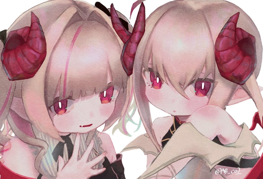彩虹社、魔界之莉莉姆、魔界之莉莉姆 (第一套服装) 2名女孩 亮瞳 棕发 卷角 恶魔娘