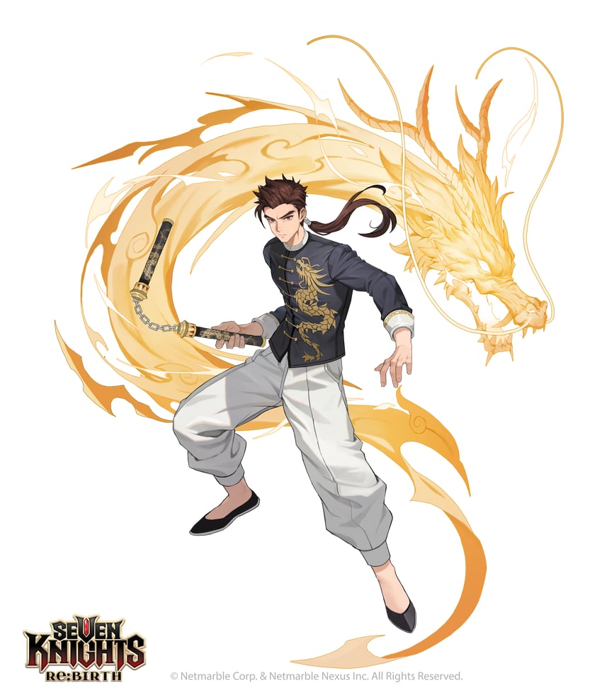 seven knights re:birth、bai long (seven knights re:birth) 1名男孩 黑衬衫 黑鞋 棕眼睛 棕发