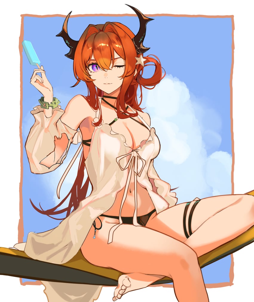 明日方舟、史尔特尔 (明日方舟)、史尔特尔 (缤纷奇境) (明日方舟) 1名女孩 赤脚 比基尼 黑色比基尼 乳房