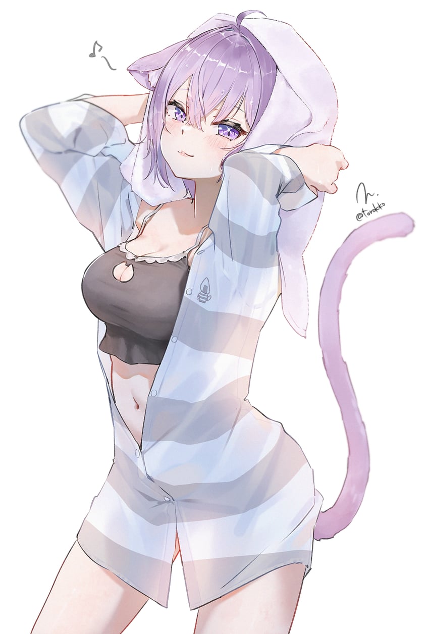 Hololive、猫又小粥、猫又小粥 (会员专享) 1名女孩 猫脸笑 呆毛 兽耳 黑吊带背心