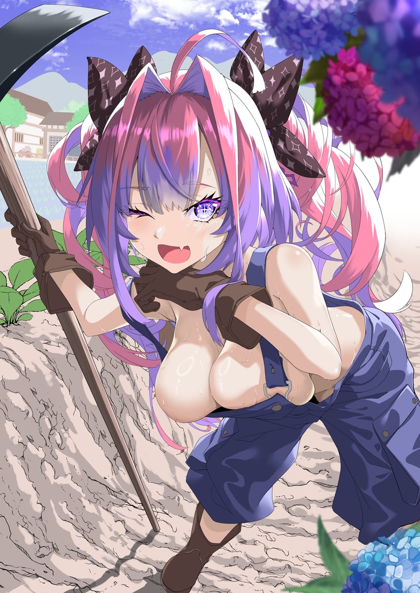 Hololive、hololive DEV_IS、Kikirara Vivi +_+ 1名女孩 露肩 黑色丝带 蓝色背带裤