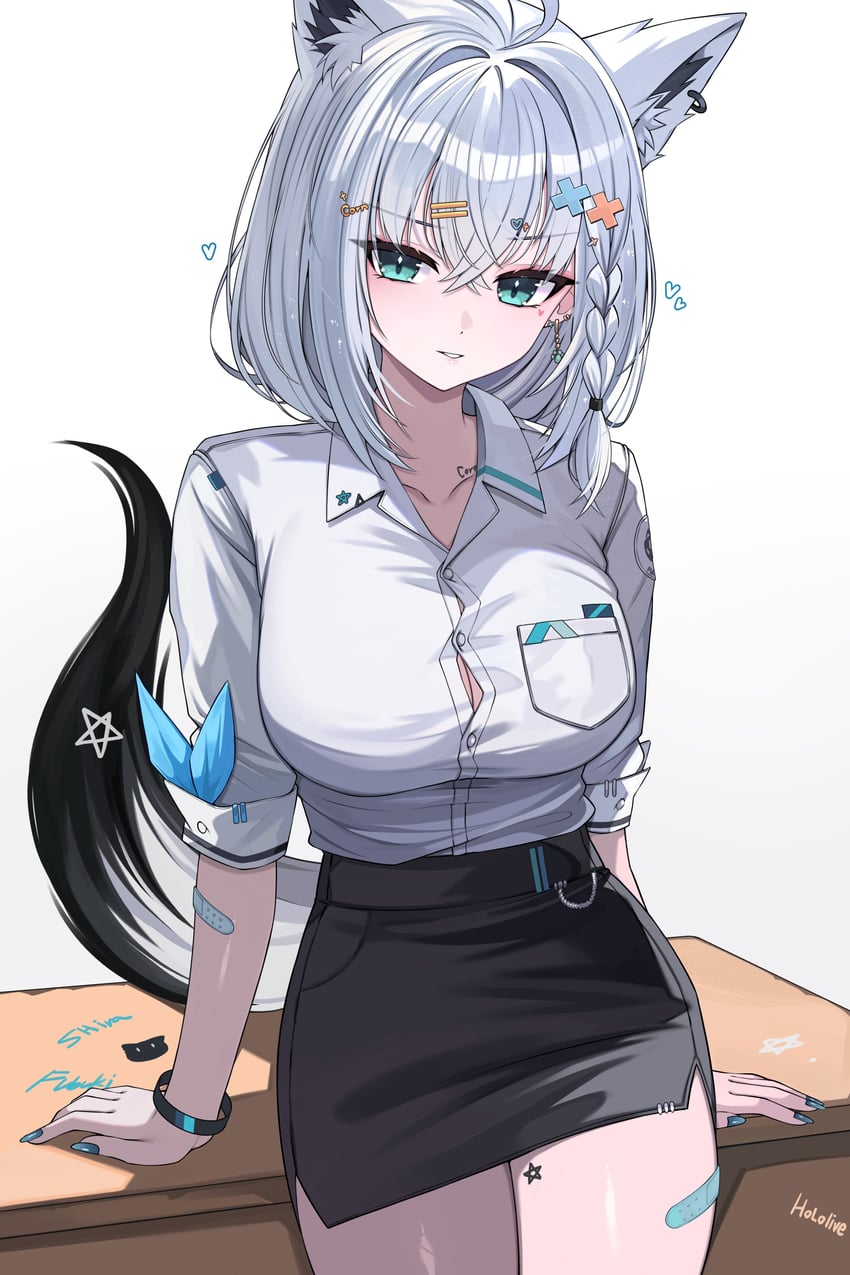 Hololive、白上吹雪 1名女孩 兽耳穿孔 兽耳 水色瞳 创可贴