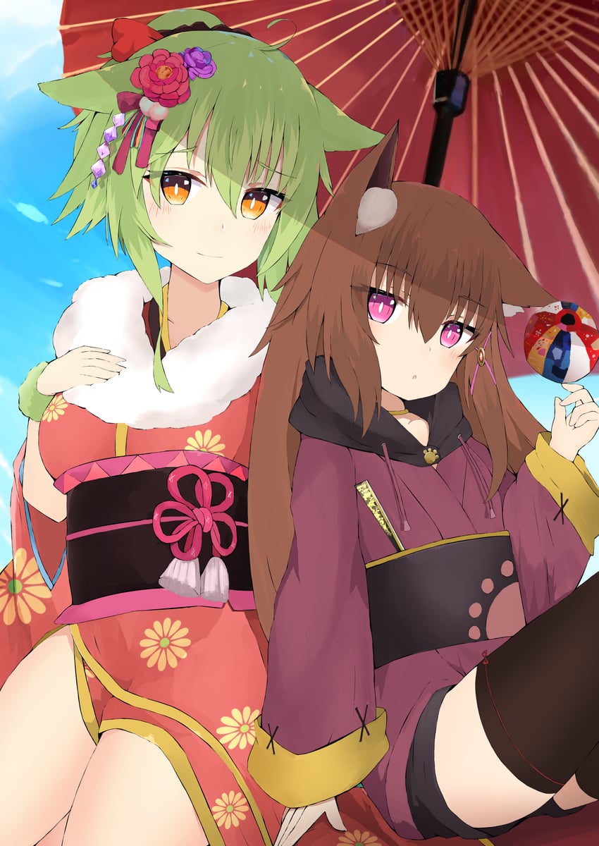 原创 2名女孩 兽耳毛 兽耳 球 黑色短裤