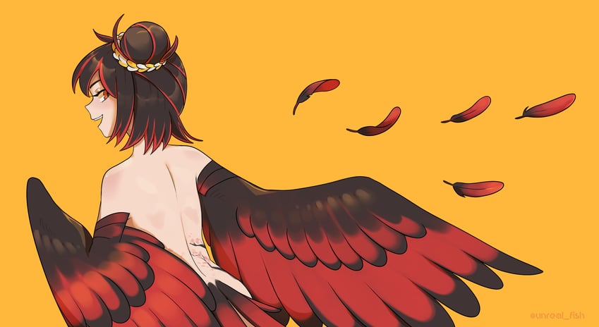 原创 1名女孩 背影 背部纹身 鸟尾 黑羽毛