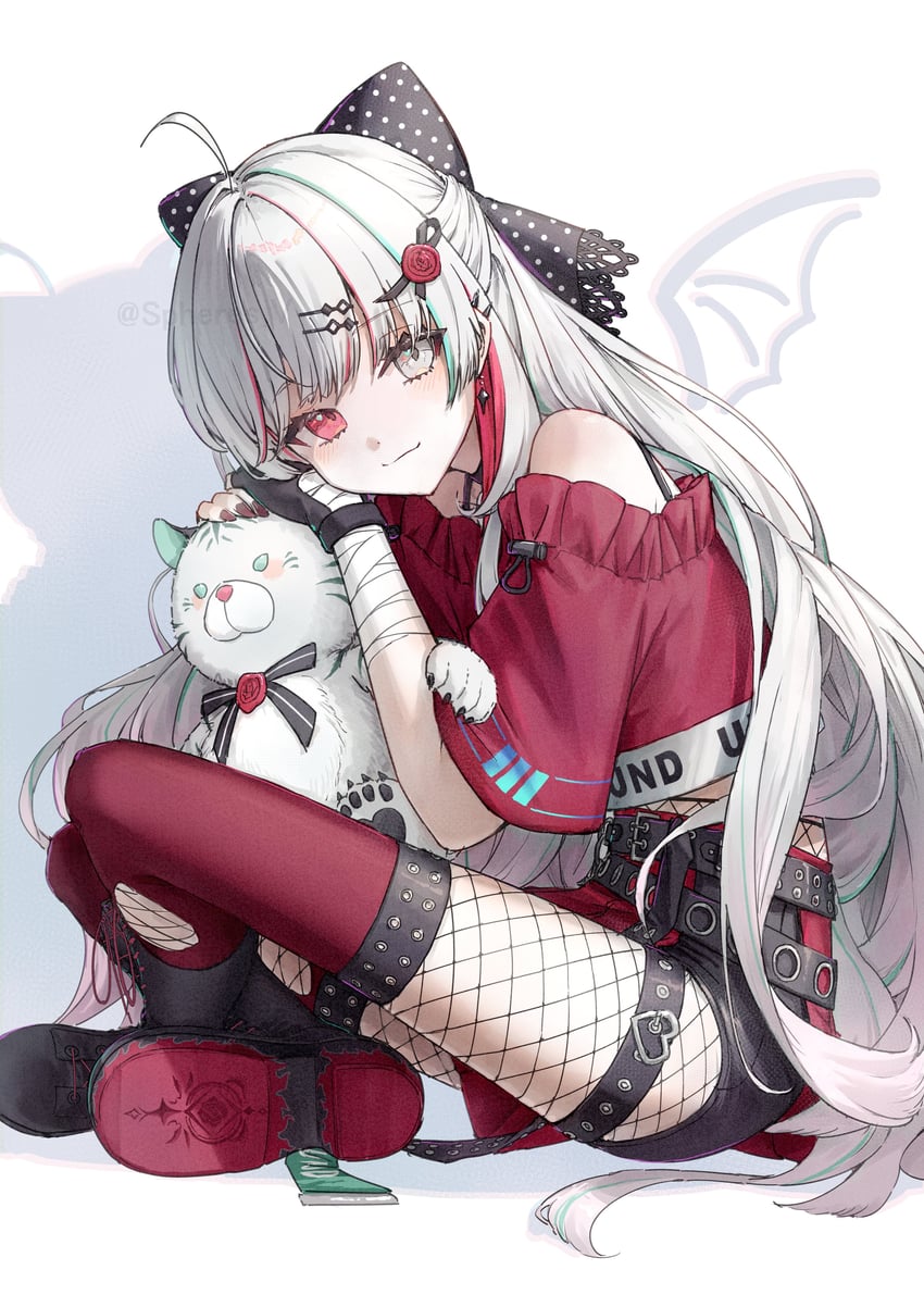 彩虹社、石神希、石神希 (第一套服装) 1名女孩 猫脸笑 呆毛 水色发 恶魔翅膀