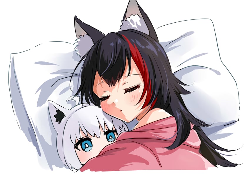 Hololive、大神澪、白上吹雪 1名女孩 兽耳毛 兽耳 黑发 脸红