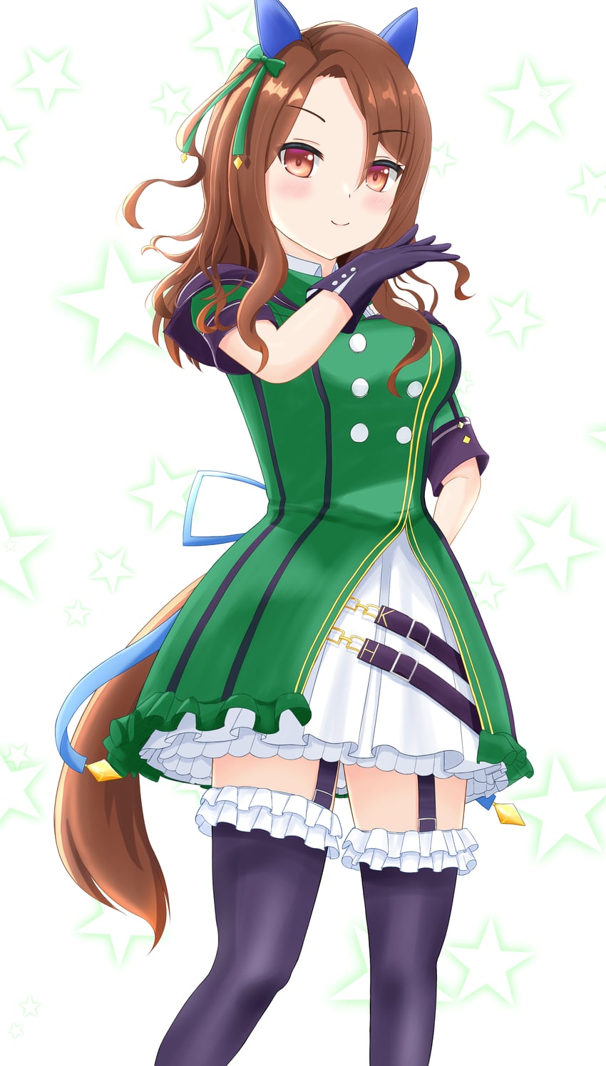 赛马娘、帝王光辉 (翡翠之王) (赛马娘)、帝王光辉 (赛马娘) 1名女孩 兽耳 露肩 黑色吊袜带 黑色手套