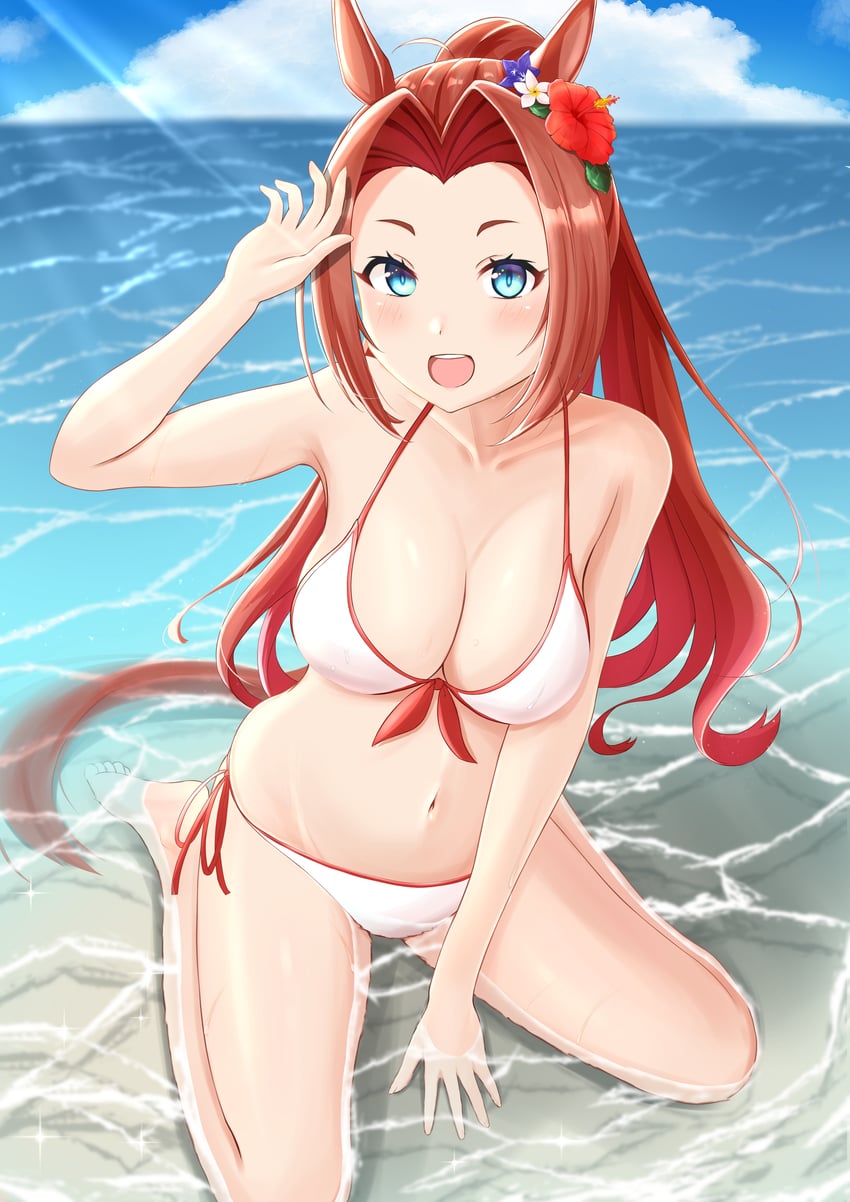 赛马娘、川上公主 1名女孩 兽耳 裸臂 露肩 海滩