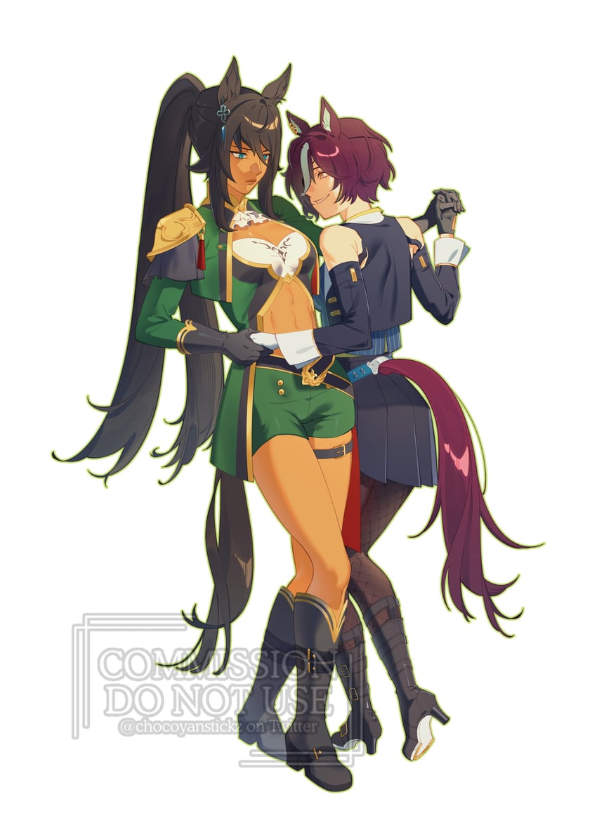 赛马娘、吉兆 (Onyx Soldier) (赛马娘)、吉兆 (赛马娘) 2名女孩 腹肌 兽耳 阿斯科特领巾 不对称手套