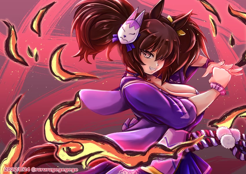 赛马娘、inari one (edomurasaki) (umamusume)、稻荷一 (赛马娘) 1名女孩 兽耳 乳房 棕发 裹胸布