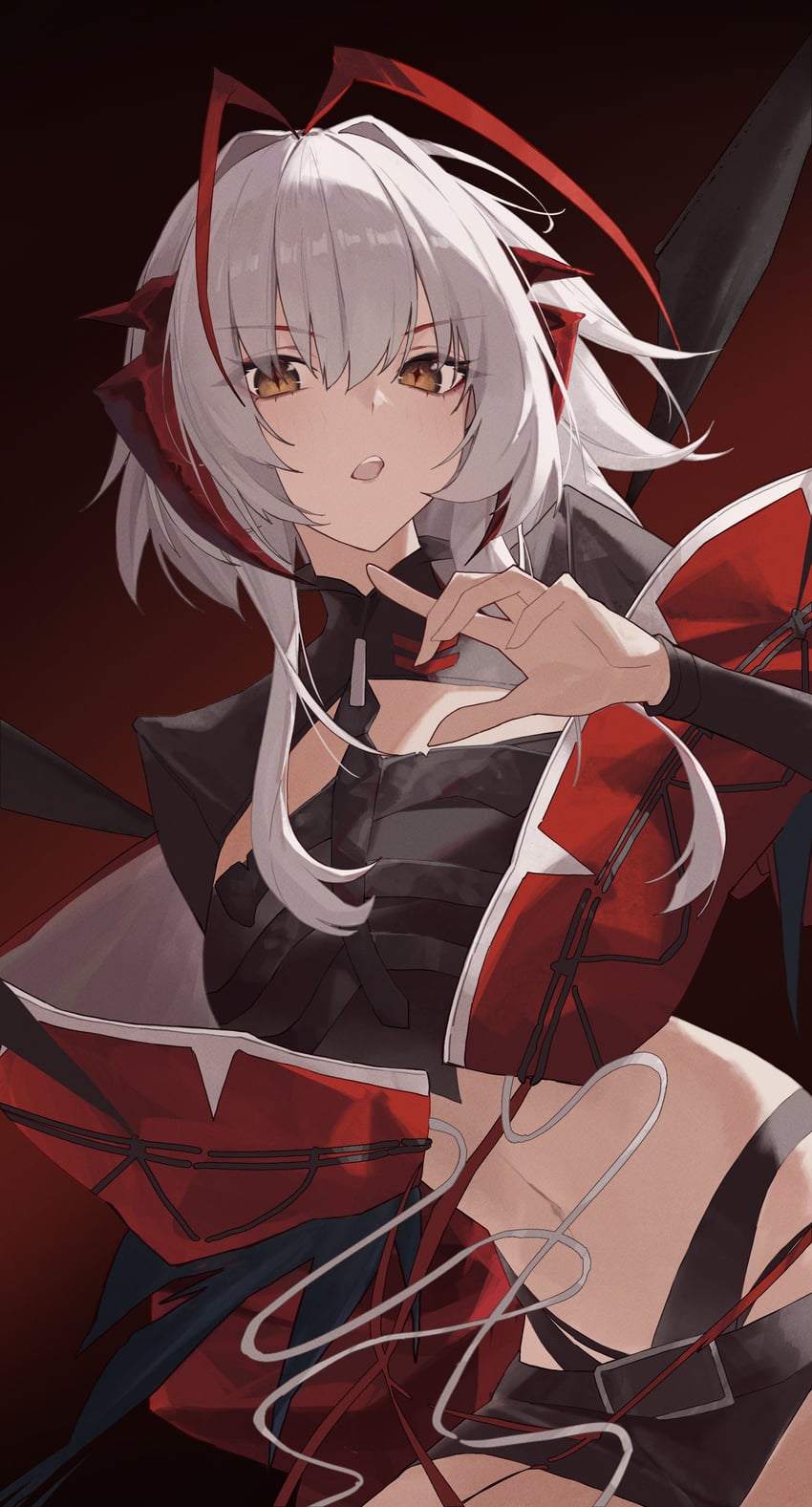 明日方舟、W (明日方舟)、维什戴尔 (明日方舟) 1名女孩 惊讶 呆毛 黑色背景 黑衬衫