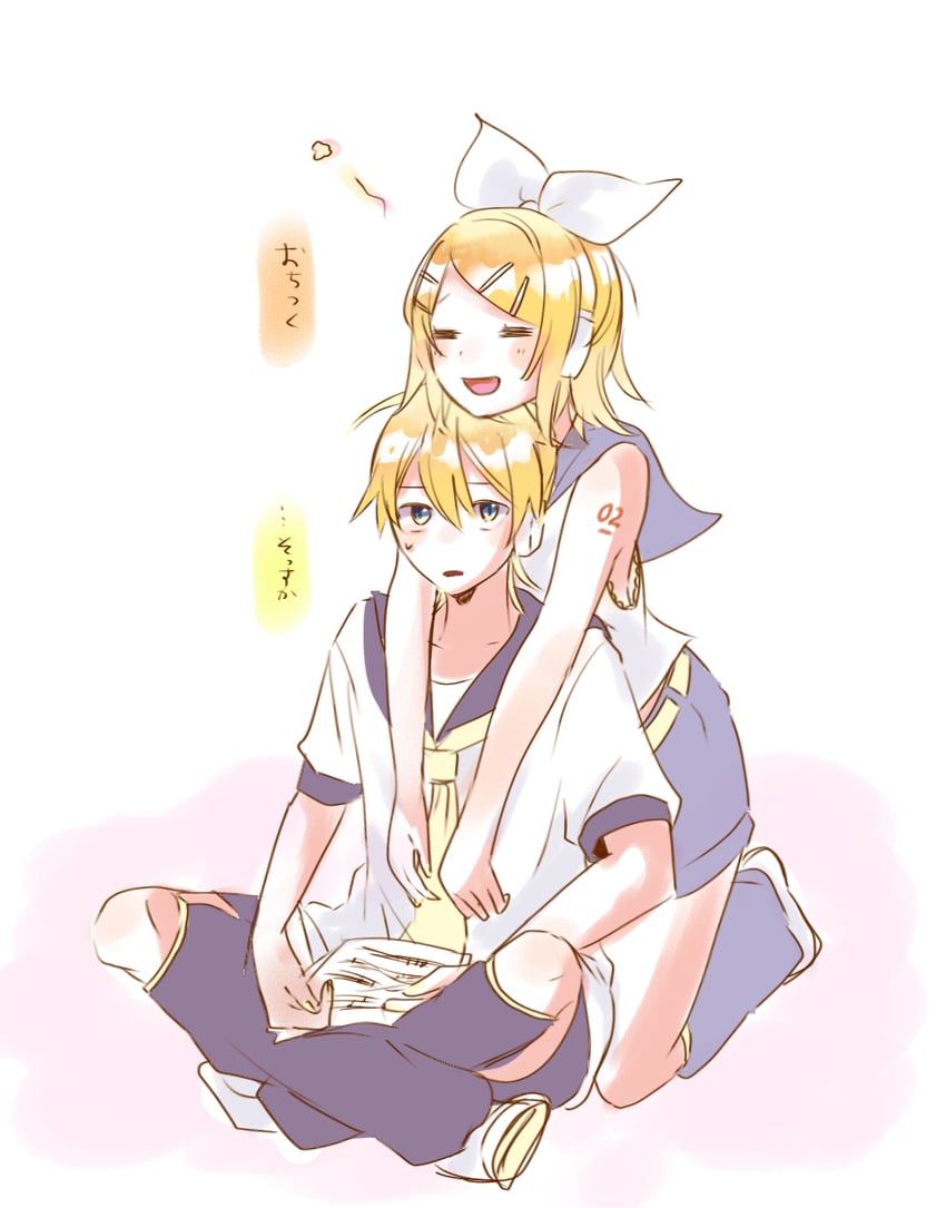 VOCALOID、镜音连、镜音铃 1名男孩 1名女孩 无语 恼怒 裸臂