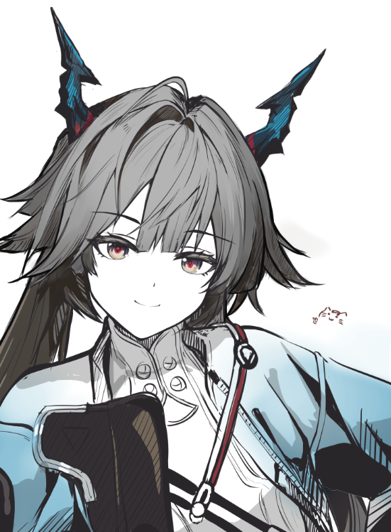 明日方舟、明日方舟：终末地、陈千语 (明日方舟) 1名女孩 黑瞳 黑发 蓝角 蓝色夹克