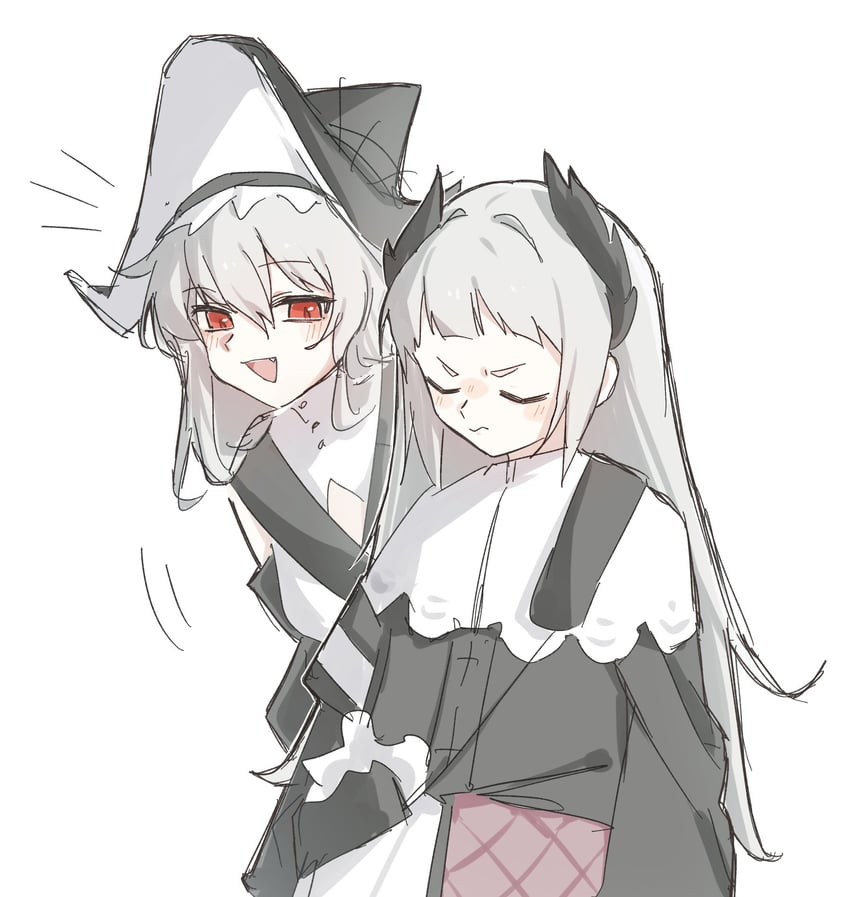 明日方舟、艾丽妮 (明日方舟)、幽灵鲨(明日方舟) 2名女孩 :D 黑色连衣裙 黑帽子 脸红