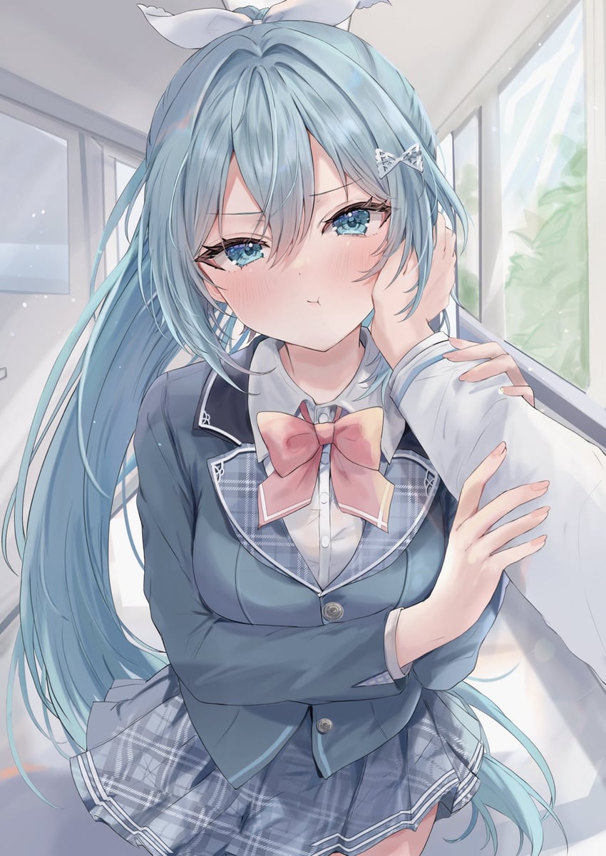 二次元插画 2名女孩 :t 蓝眼 蓝发 脸红