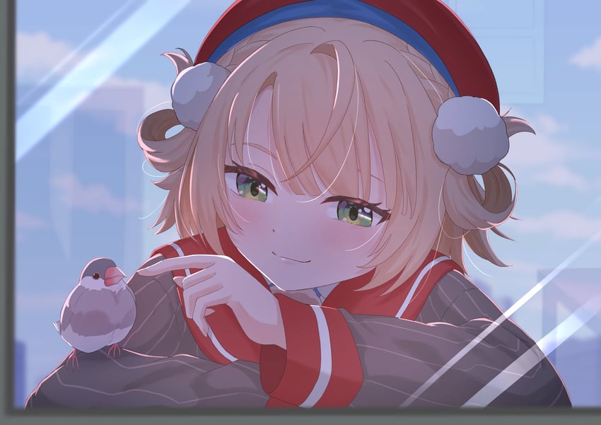个人势虚拟主播、时雨羽衣(VTuber) 1名女孩 贝雷帽 鸟 金发 脸红