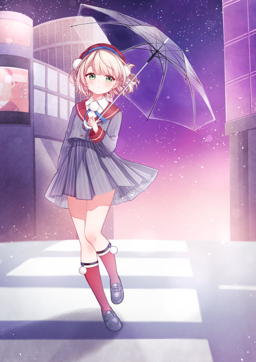 个人势虚拟主播、时雨羽衣(VTuber) 1名女孩 贝雷帽 金发 蓝色丝带 脸红