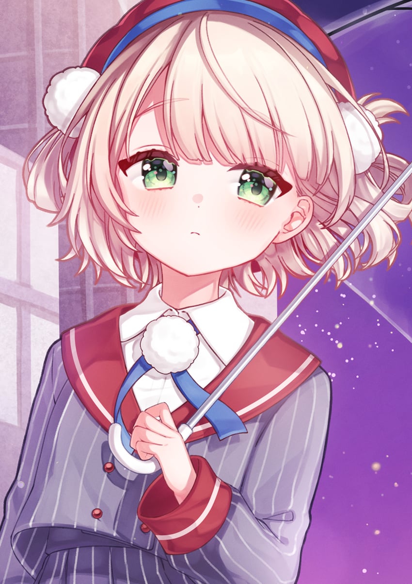 个人势虚拟主播、时雨羽衣(VTuber) 1名女孩 贝雷帽 金发 蓝色丝带 脸红