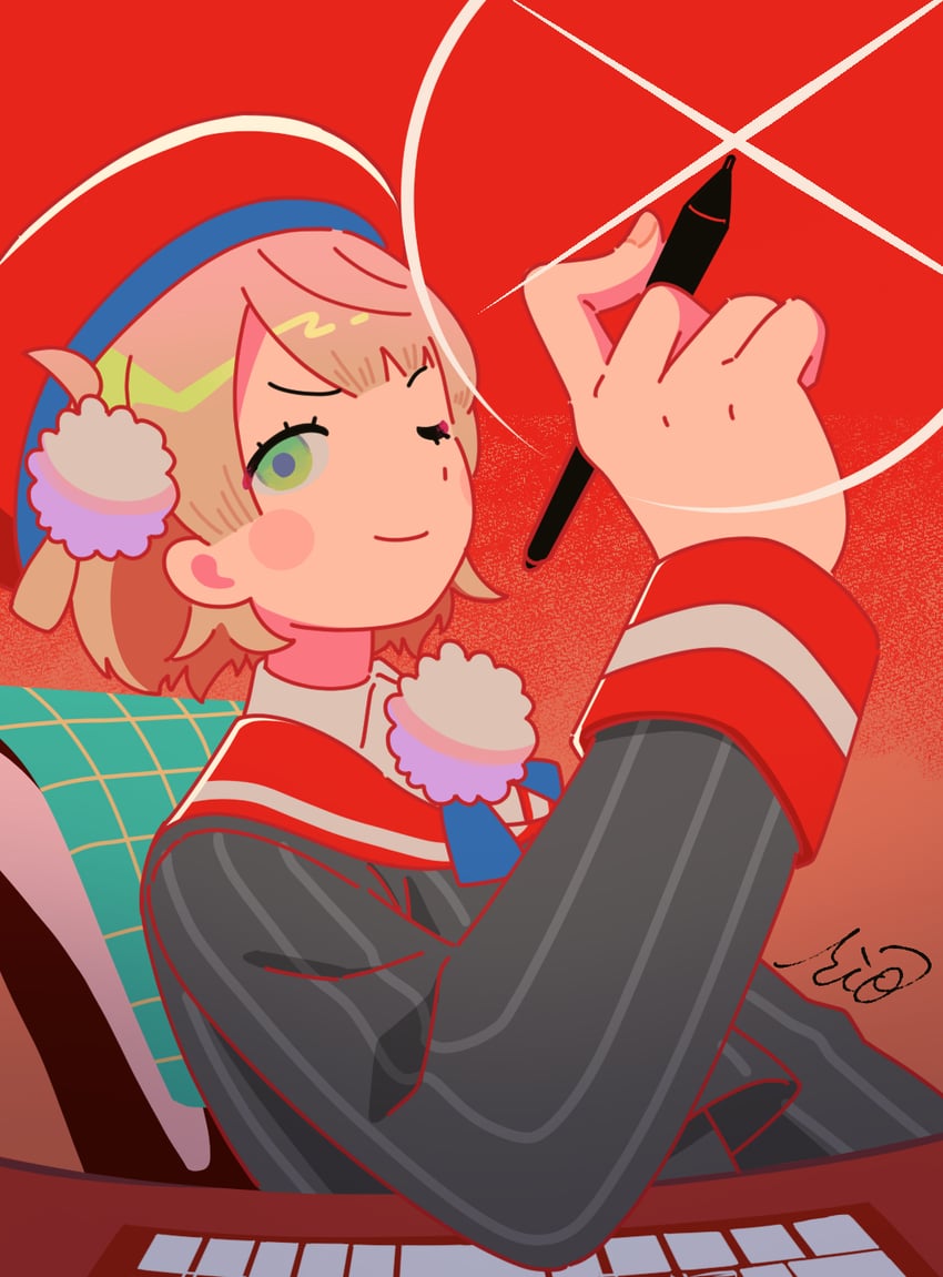 个人势虚拟主播、时雨羽衣(VTuber) 1名女孩 贝雷帽 金发 蓝色丝带 腮红贴纸