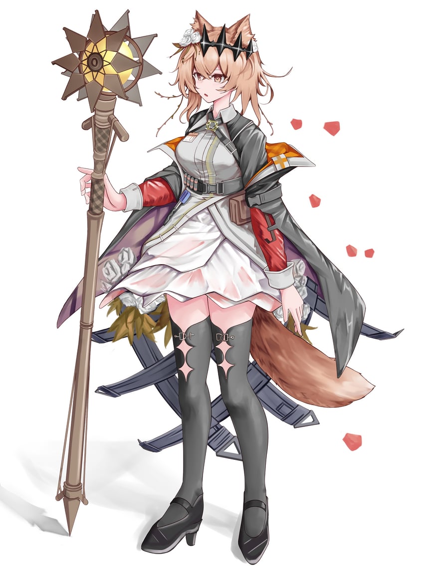 明日方舟、万顷 (明日方舟) 1名女孩 兽耳 黑色夹克 黑色过膝袜 黑色王冠