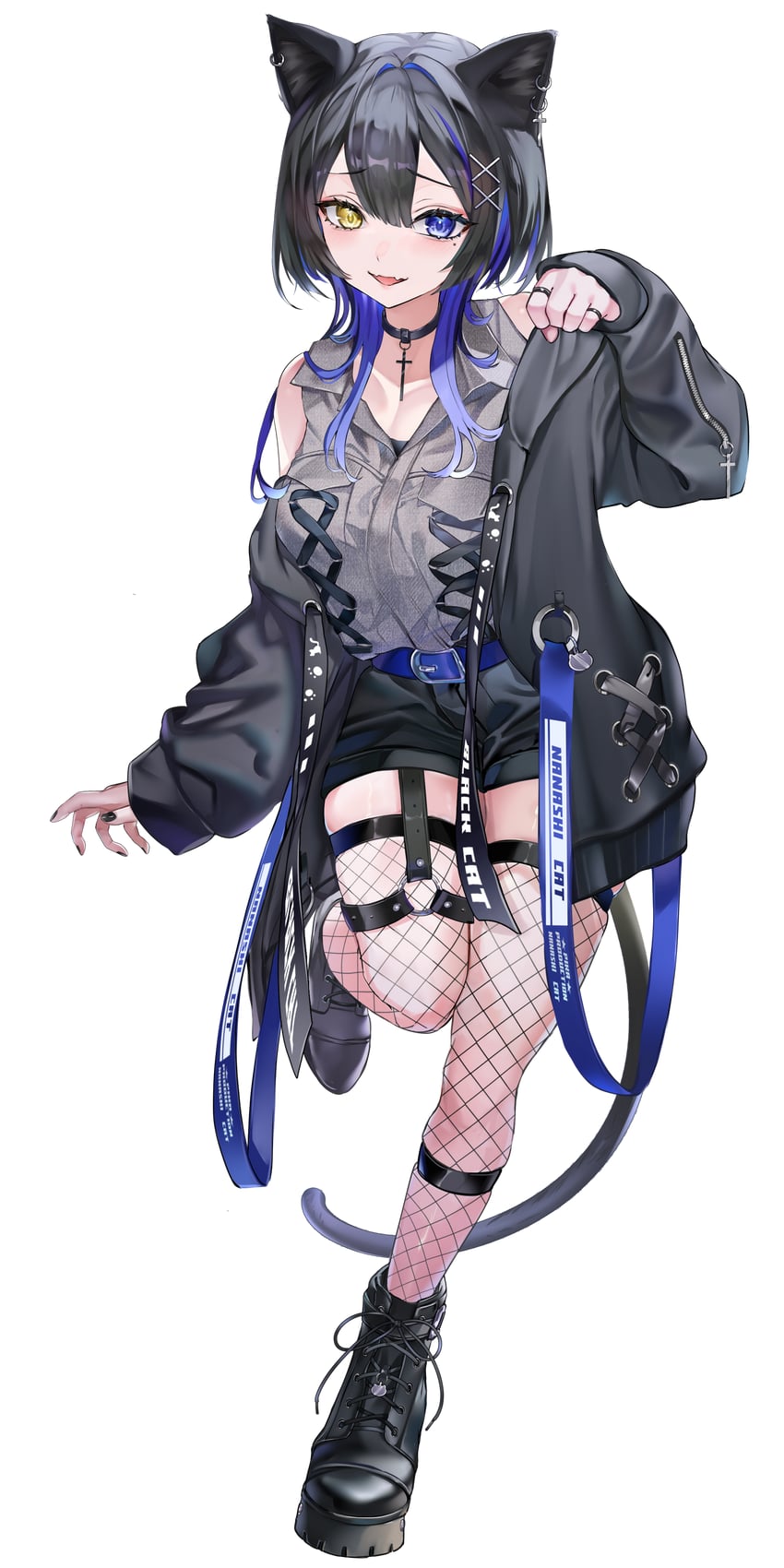 二次元插画 1名女孩 兽耳 腰带 黑色项圈 黑发