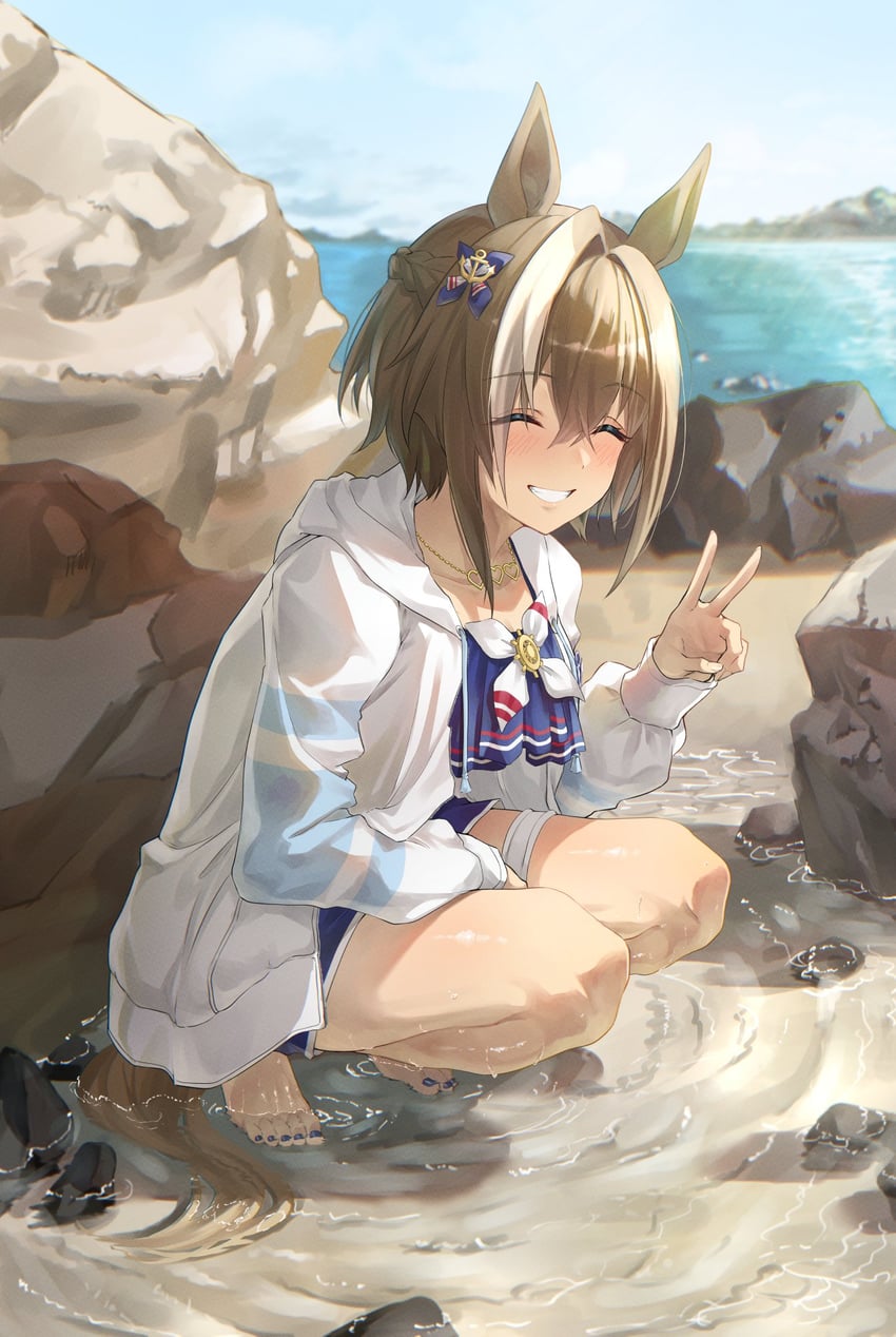 赛马娘、皇冠驹(夏日宁静海蓝)(赛马娘)、骏天宫 (赛马娘) 1名女孩 锚形发饰 兽耳 赤脚 比基尼