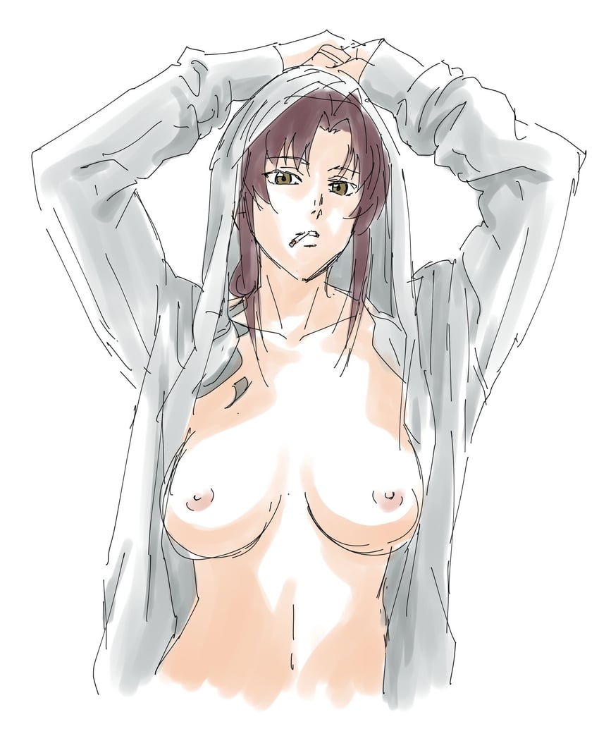 黑礁、莱薇 (黑礁) 1名女孩 举起双手 乳房 香烟 灰色连帽衫