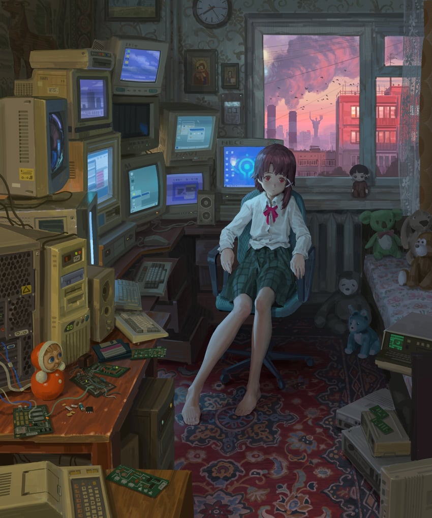 玲音 (Serial Experiments Lain)、岩仓玲音 1名女孩 替换服装 不对称发型 赤脚 棕眼睛