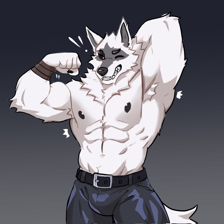 二次元插画 1名男孩 腹肌 兽耳 举手 腋毛