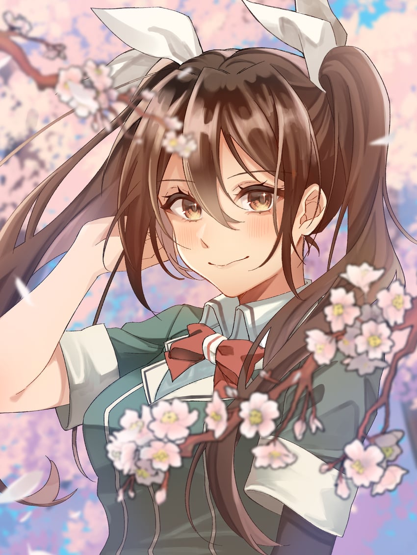 舰队Collection、利根 (舰娘)、利根改二 (舰队收藏) 1名女孩 模糊 模糊背景 脸红 蝴蝶结