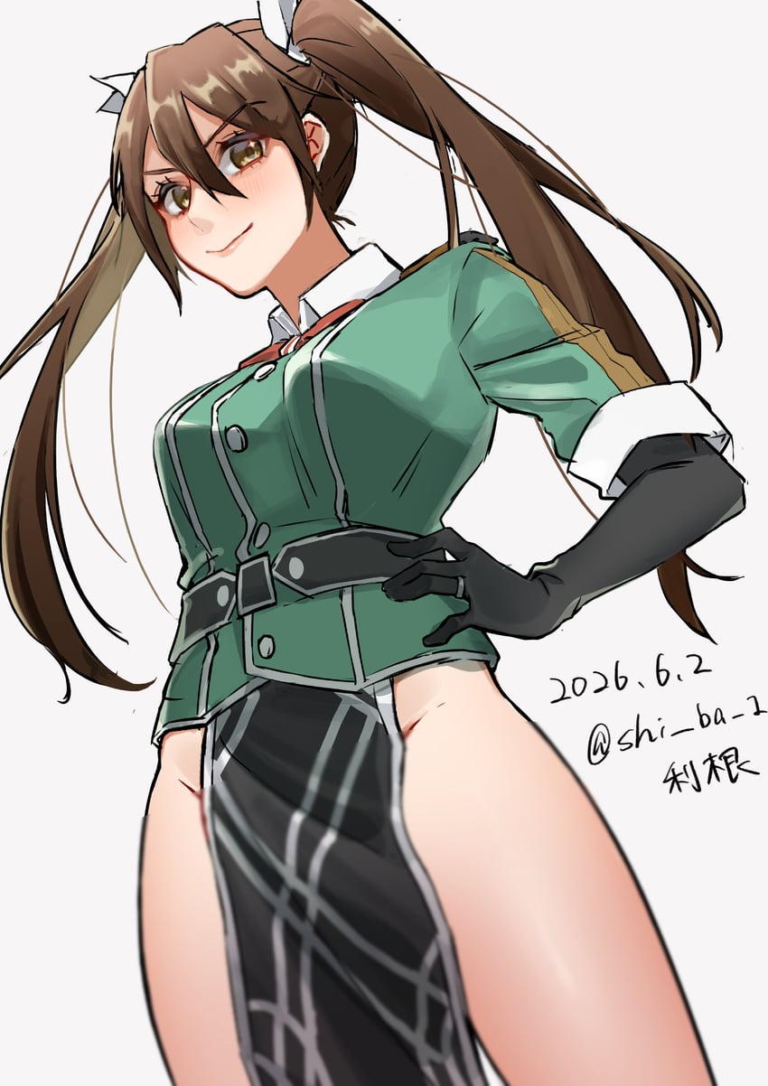 舰队Collection、利根 (舰娘)、利根改二 (舰队收藏) 1名女孩 黑色手套 棕眼睛 棕发 角色人偶
