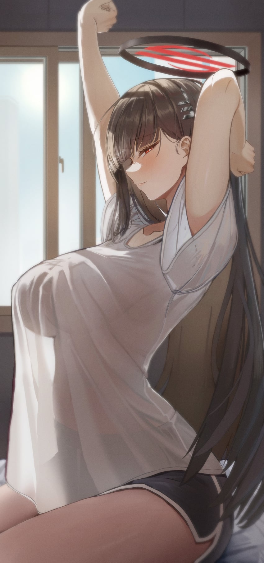 蔚蓝档案、莉央 (碧蓝档案) 1名女孩 手放在头后 举起双手 脸红 乳房