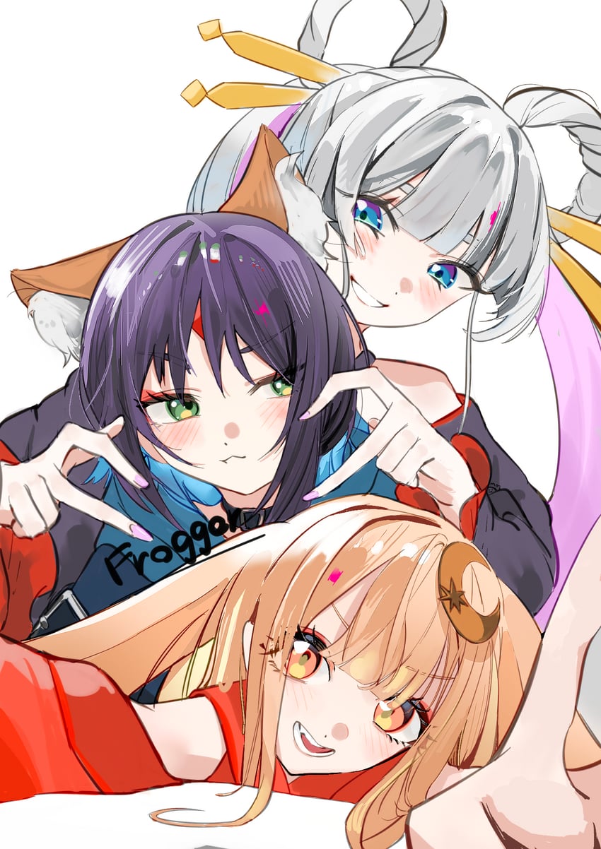 超辉夜姬!、辉夜 (超辉夜姬!)、留奈美八千代 3人女子 兽耳毛 兽耳 黑色项圈 黑发