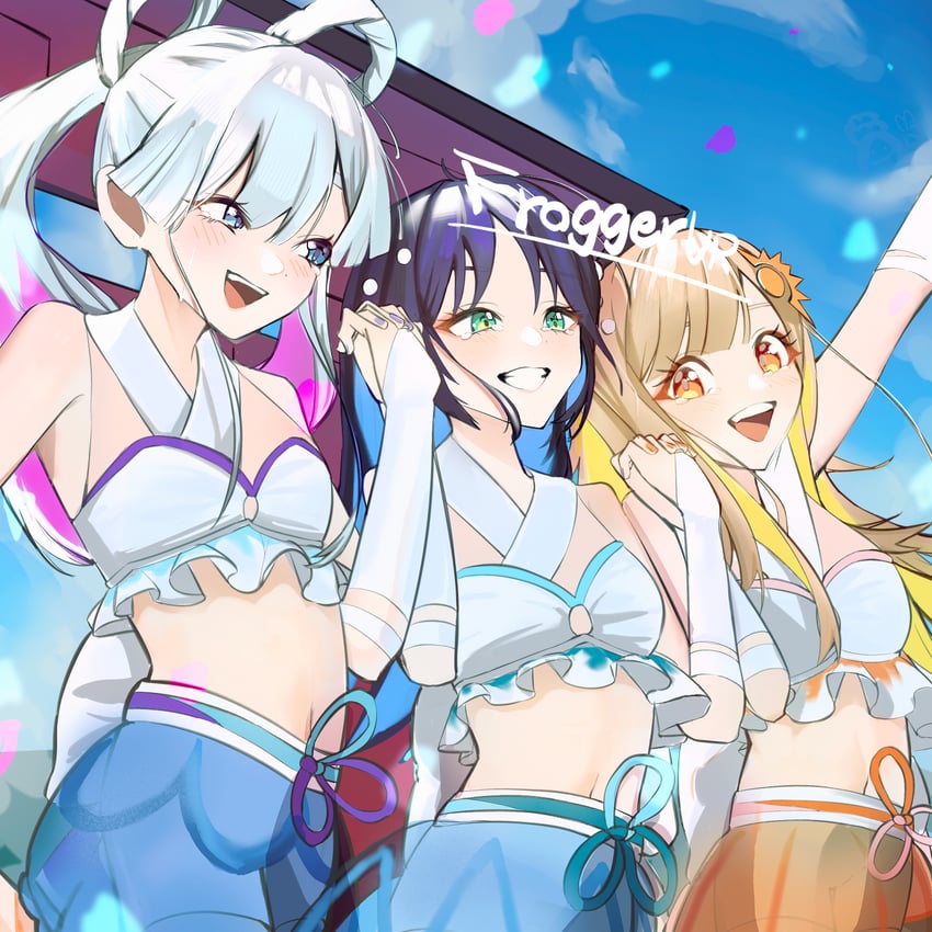 超辉夜姬!、辉夜 (超辉夜姬!)、留奈美八千代 3人女子 举手 黑发 蓝眼 蓝发