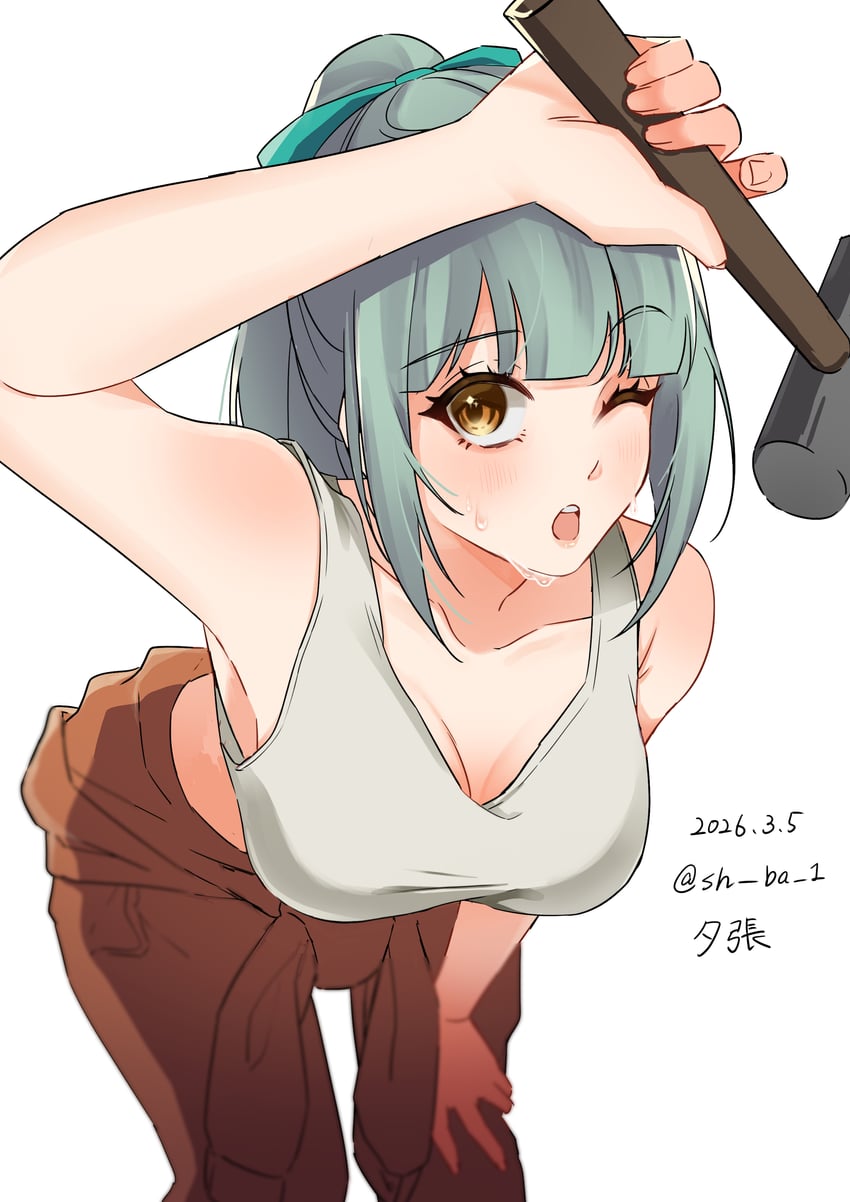 舰队Collection、夕张（动画）（舰队Collection）、夕张 (舰娘) 1名女孩 齐刘海 乳房 棕眼睛 棕色连体衣