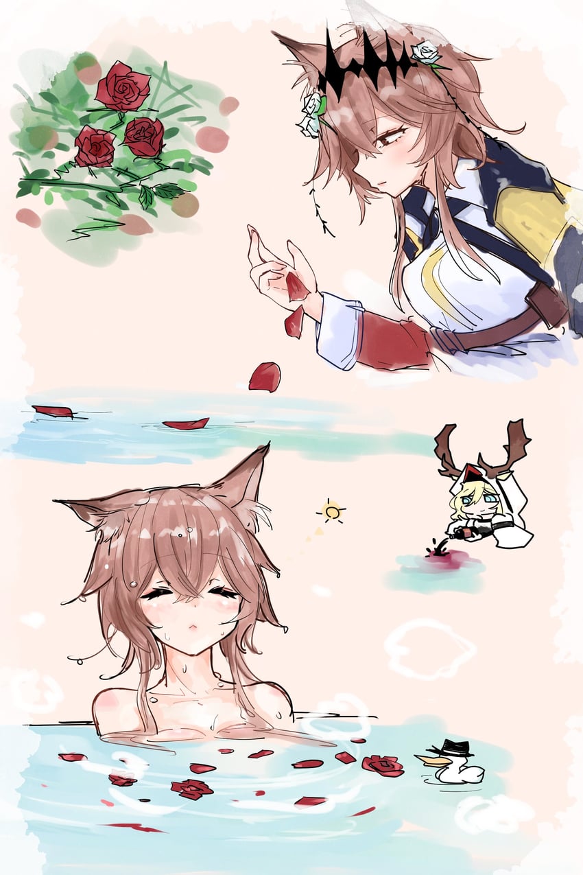 明日方舟、鸭子领主 (明日方舟)、万顷 (明日方舟) 2名女孩 兽耳 鹿角 沐浴 黑色王冠