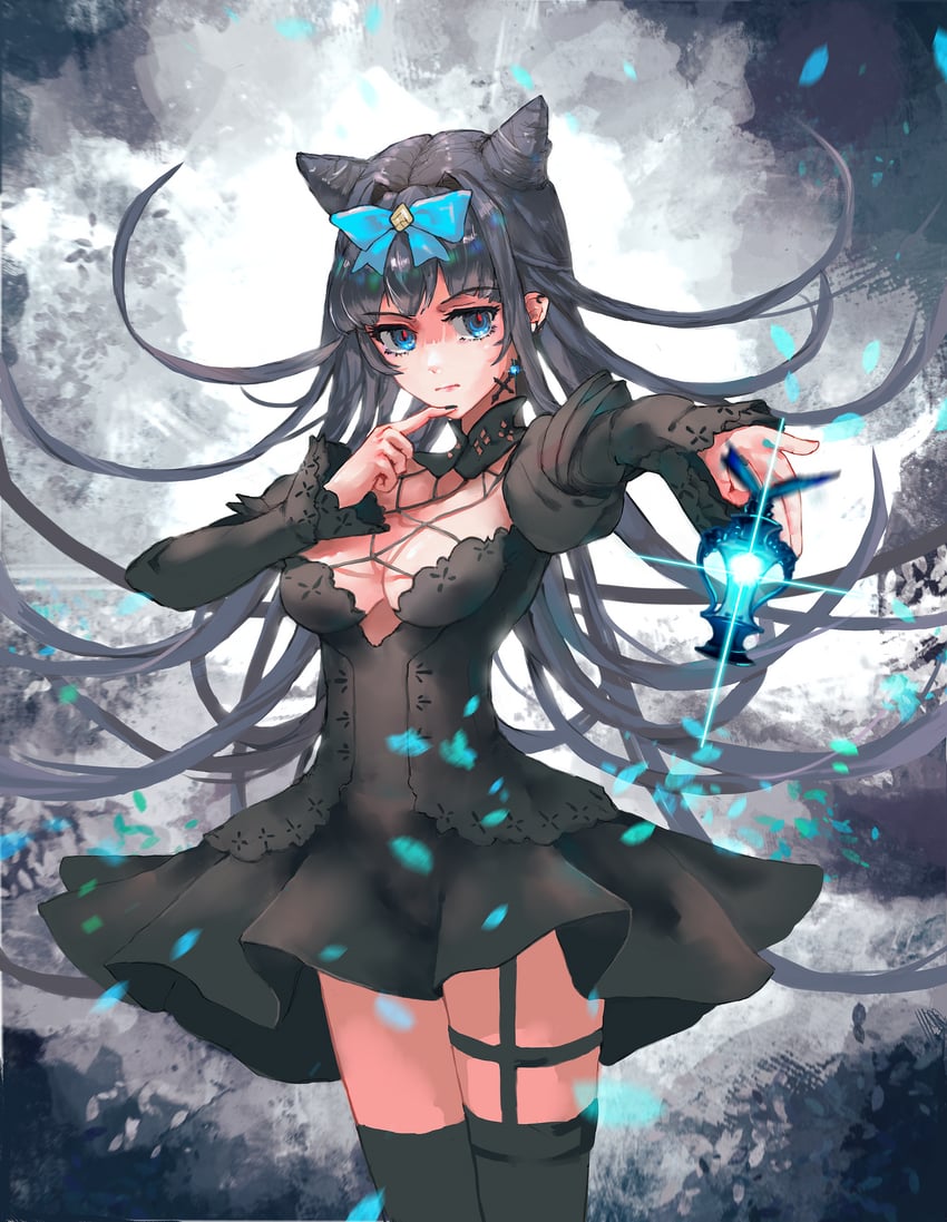 韵律源点 Arcaea、对立 (Arcaea)、对立 (Tempest) (韵律源点) 1名女孩 兽耳 黑色连衣裙 黑发 黑色过膝袜
