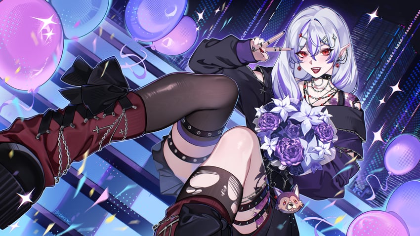 个人势虚拟主播、alchevic (vtuber) 1名女孩 气球 黑色指甲 花束 建筑物