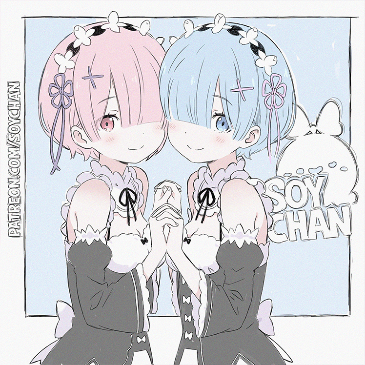 Re:从零开始的异世界生活、拉姆 (Re:Zero)、雷姆 (从零开始的异世界生活) 2名女孩 作者名 黑色裙子 蓝色背景 蓝眼